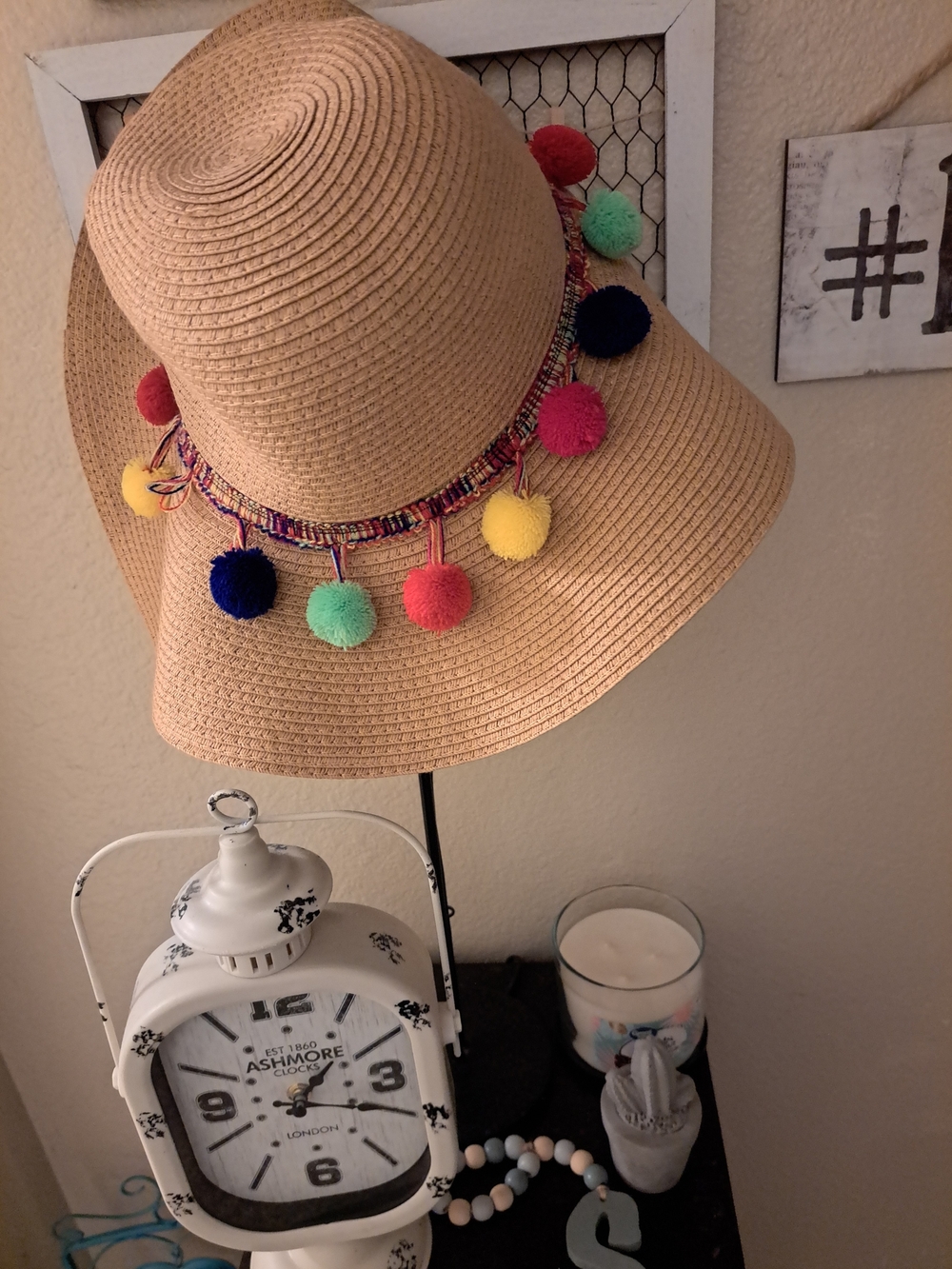 Natural Straw Sun Hat with Multicolor Pom Trim, worn once,missing 2 pom balls